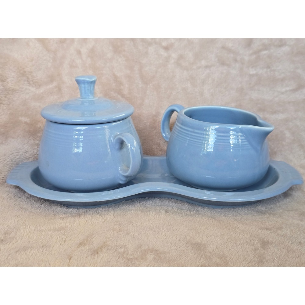 Fiesta Homer Laughlin Periwinkle Blue Creamer Sugar Set Figure 8 Tray HLC USA